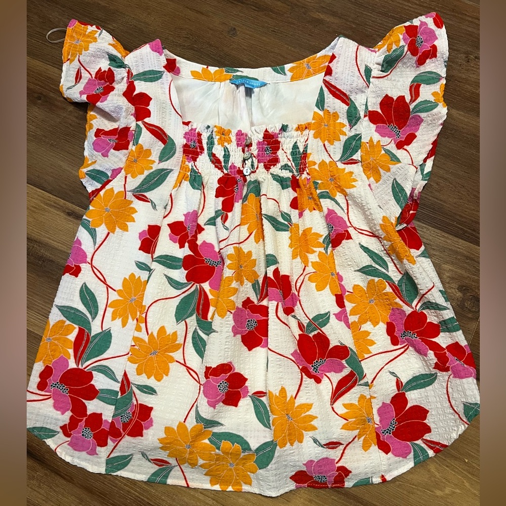 Draper James White Floral Smocked Square-Neck Blouse
